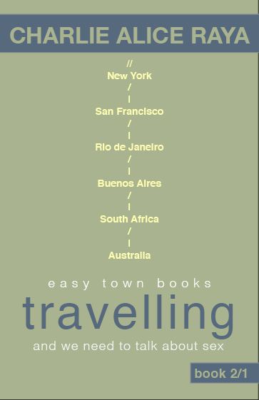 book 2/1, travelling, part 1, by Charlie Alice Raya, book cover, showing the travelling route from New York to Australia with several stops in between