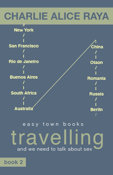 book 2, travelling, part 1&2, by Charlie Alice Raya, book cover, showing the travelling route from New York to Australia, and from Australia to Berlin with several stops in between