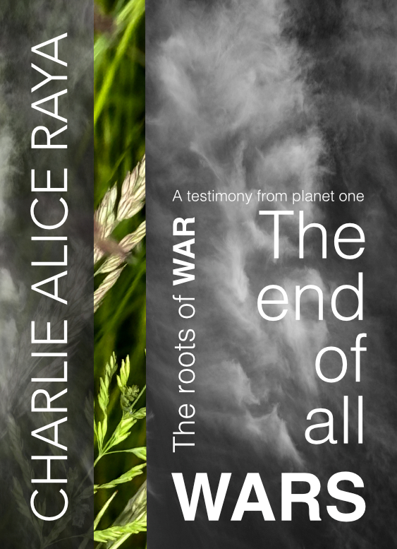 The end of all wars, the roots of war, book cover, a dramatic black/white sky in the background with a single stripe of green grasses giving an idea of what is possible.